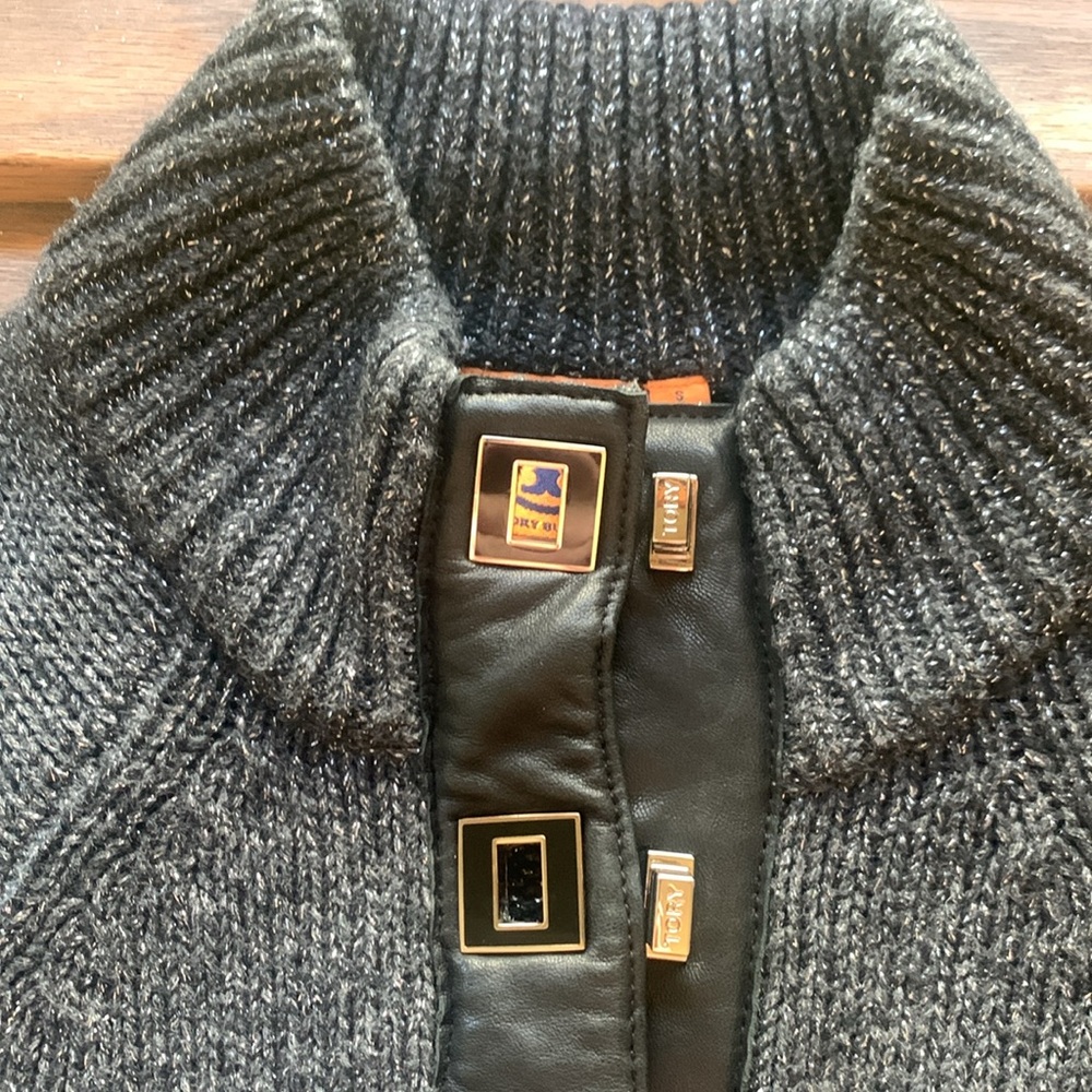 Tory Burch metallic cardigan with faux leather trim and toggle closures. - Picture 9 of 9